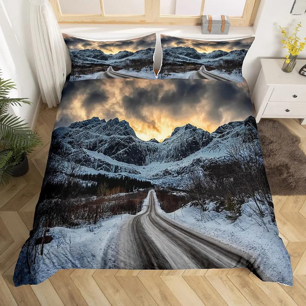 Snow Mountain Duvet Cover Set Iceberg Sunrise Sunset Bedding Set Microfiber Winter Natural Scenery Quilt Cover Single King Size