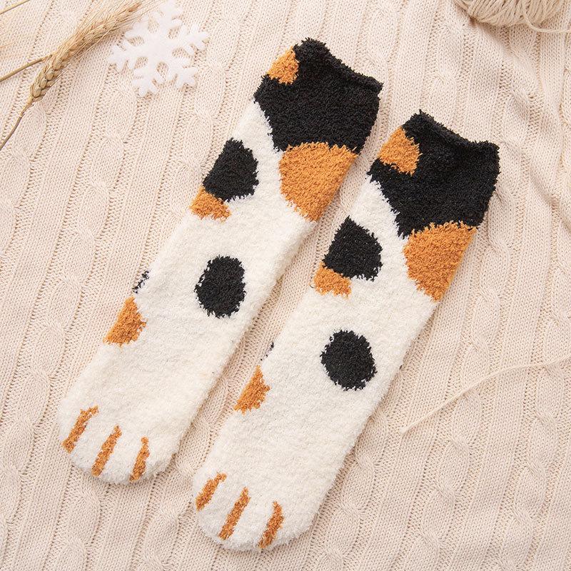 Chaussettes en peluche velours corail pour femmes, automne hiver patte de chat, jolies chaussettes de sol épaisses et chaudes