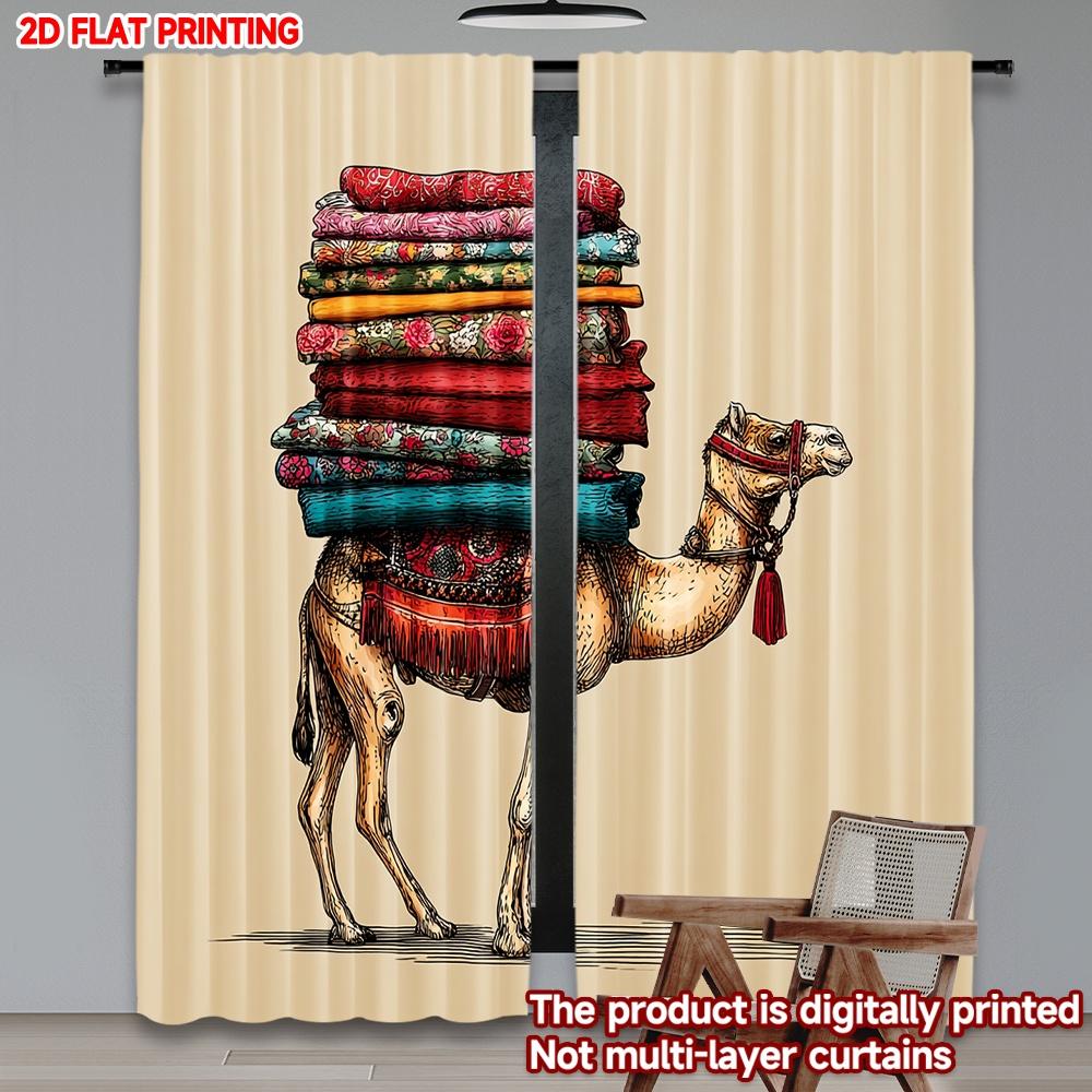 Camel Patterned Blankets Curtains Desert Animal Carrying Colorful Textiles Light Striped Background Living Room Curtain Set Of 2 Made Polyester