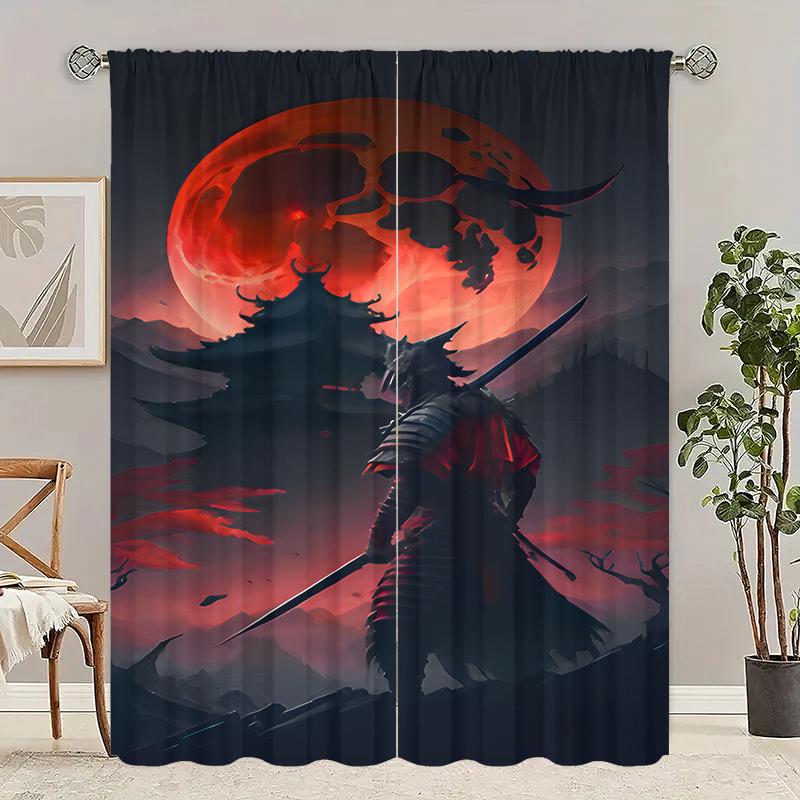 2pcs- Red Night Warrior Polyester Curtains, Pole Bag Curtains 42*84, Bedroom, Living Room, Home Room Decoration