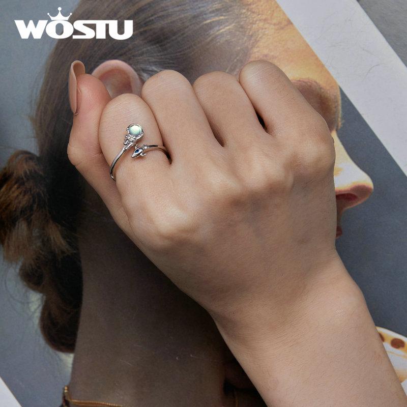 WOSTU 925 Sterling Sølv Rommann & Romfartøy Åpningsring Astronaut Justerbar Ring for Kvinner Bursdagsgave Finesmykker