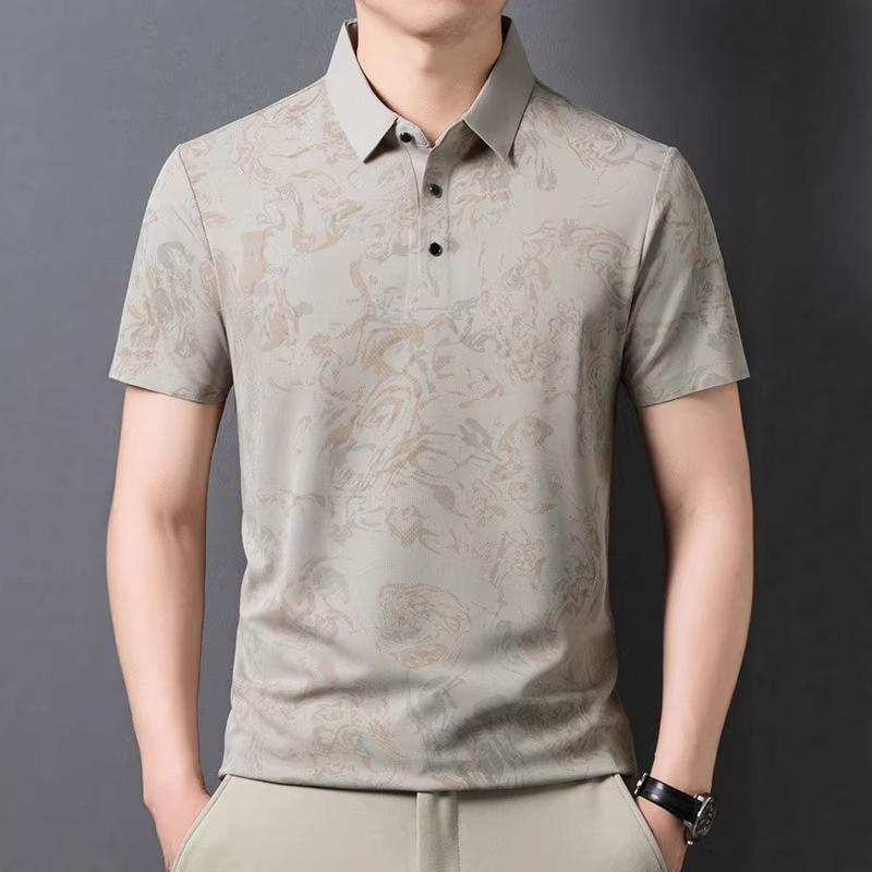 Men s Light Grey Abstract Swirl Print Short Sleeve Polo Shirt M бежевый