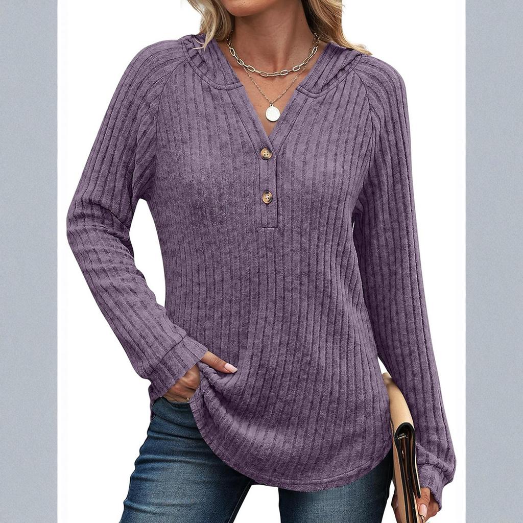 Damen Modisches Lässiges Einfarbiges Langarm-Rippstrick-Kapuzentop