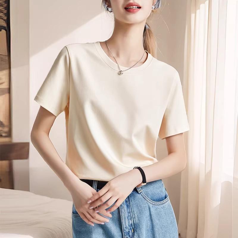 Women's High-End White Mercerized Cotton T-Shirt - Summer 2026 Pure Cotton Short Sleeve, Round Neck, Loose Fit, Slimming Top