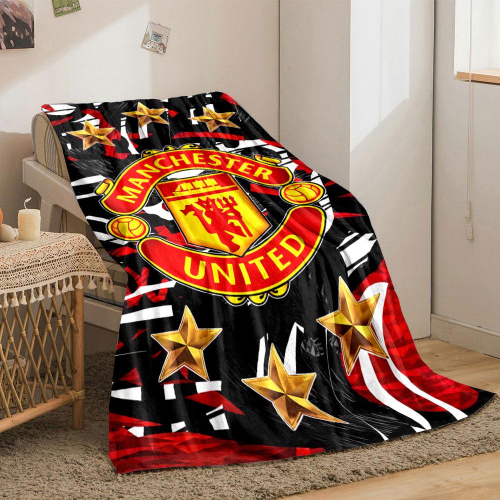 A Manchester United Logo Surrounded by Gold Stars On a Red-black Pattern. for All Seasons Blanket Lunch Break Throw Gift