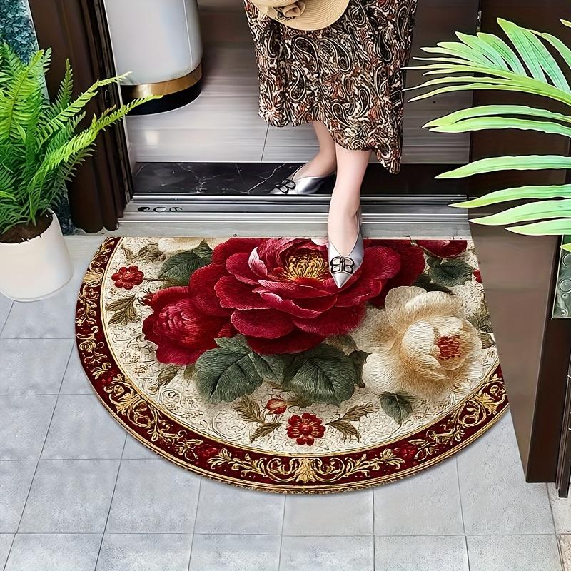 Luxury Burgundy Golden Floral Semi-Circular Carpet Soft Non-Slip Decorative Mat 2D Print Aesthetic Rug for Bedroom Porch Entrance