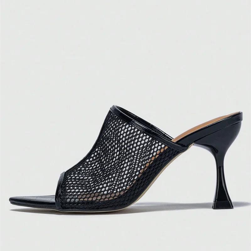 Fashion Mesh Pointed Peep Toe  Women Slippers Summer Sexy Women Slide Shoe Brands Designer Party Wedding Casual Women Mule Shoe