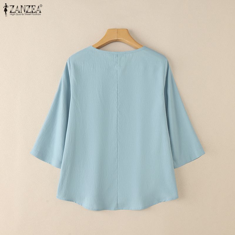ZANZEA Women Casual V-Neck Solid Color 3/4 Sleeve Loose Blouse