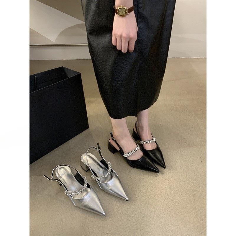 Silver Baotou Coarse Heel Sandals Fairy Wind 2025 Summer Retro Mary Jane Shoes Rhinestone High Heel Shoes