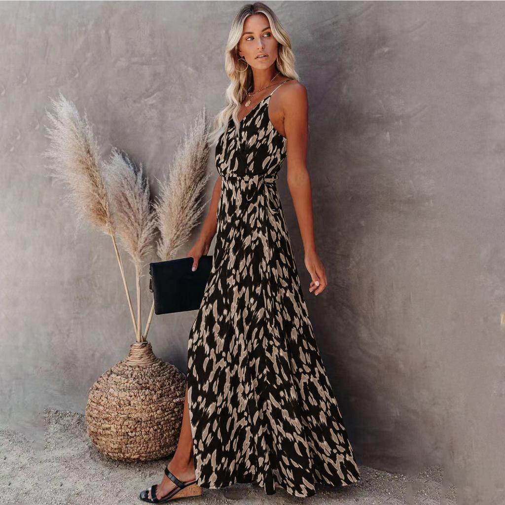 Summer Woman's Halter Dress Open Halter V-neck Elastic Waist Sexy Print Length Dress