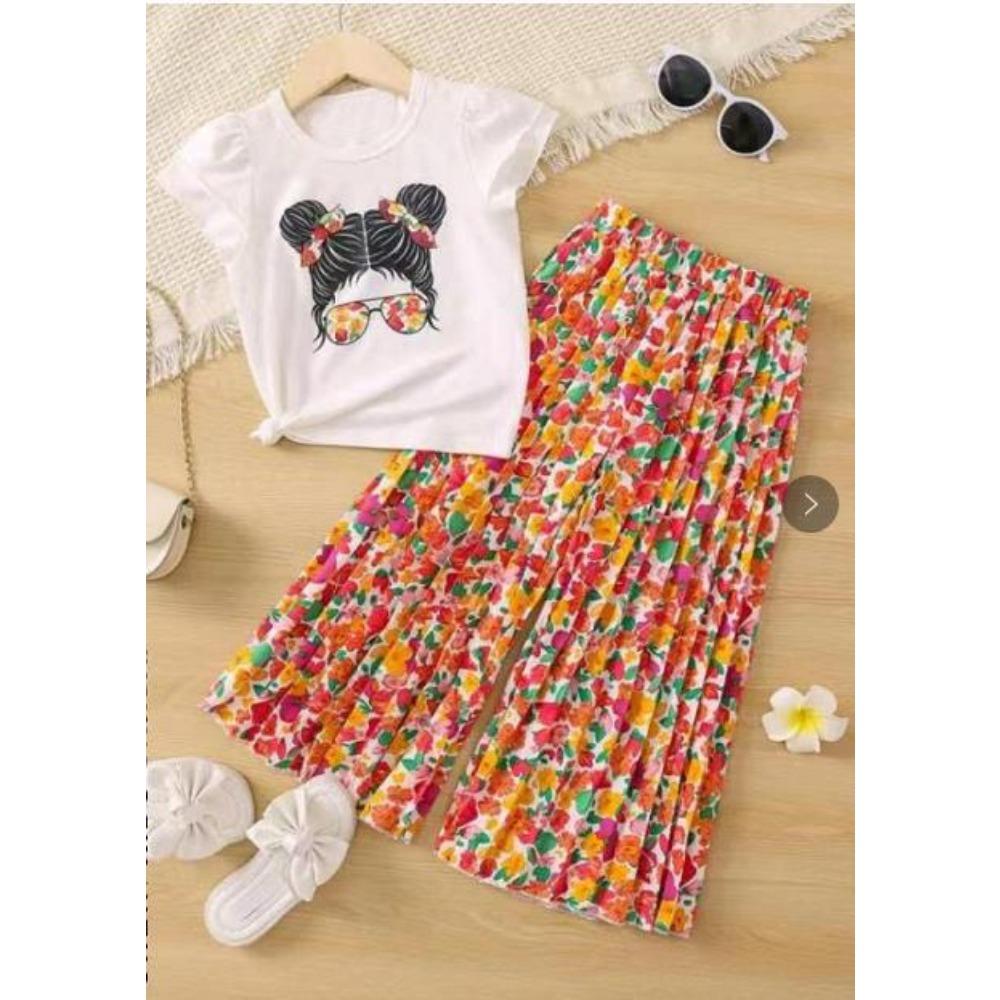 2-7Y Girls Summer New Cartoon Personality Avatar Short Sleeve + Wide Leg Trousers Casual Two-piece Set