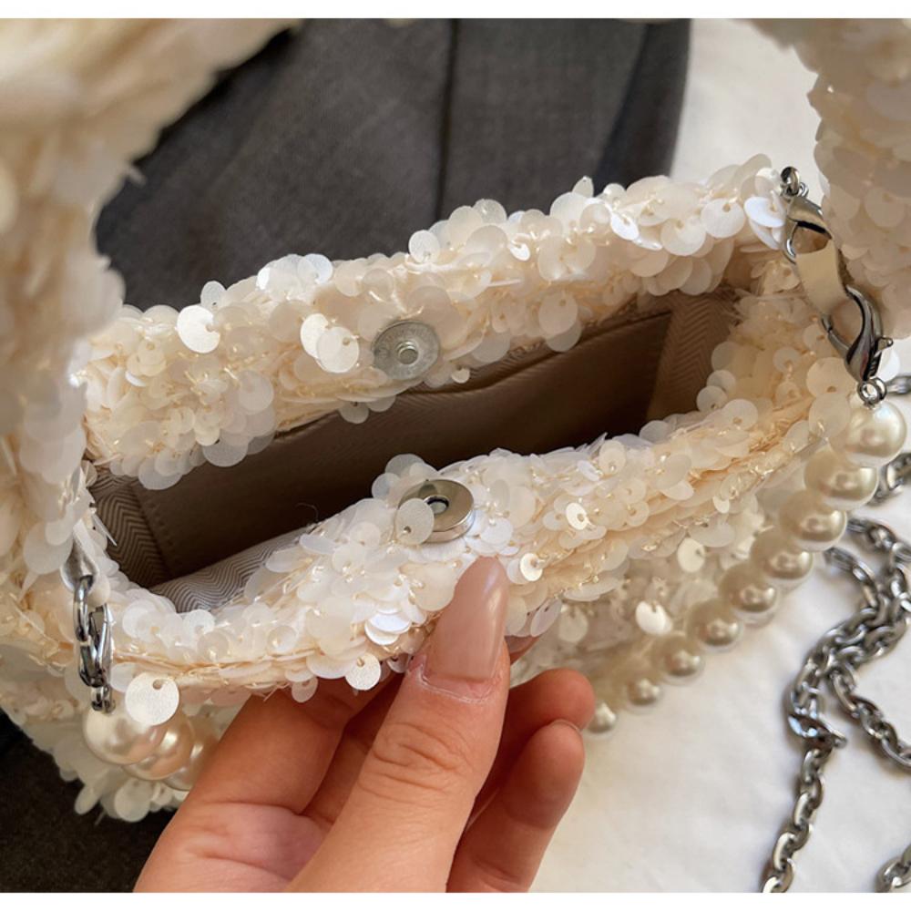 Elegant Sequin Evening Bag for Women Luxury Pearl Chain Crossbody Bag Fashion Sparkly Small Square Handbag Party Shoulder Purse