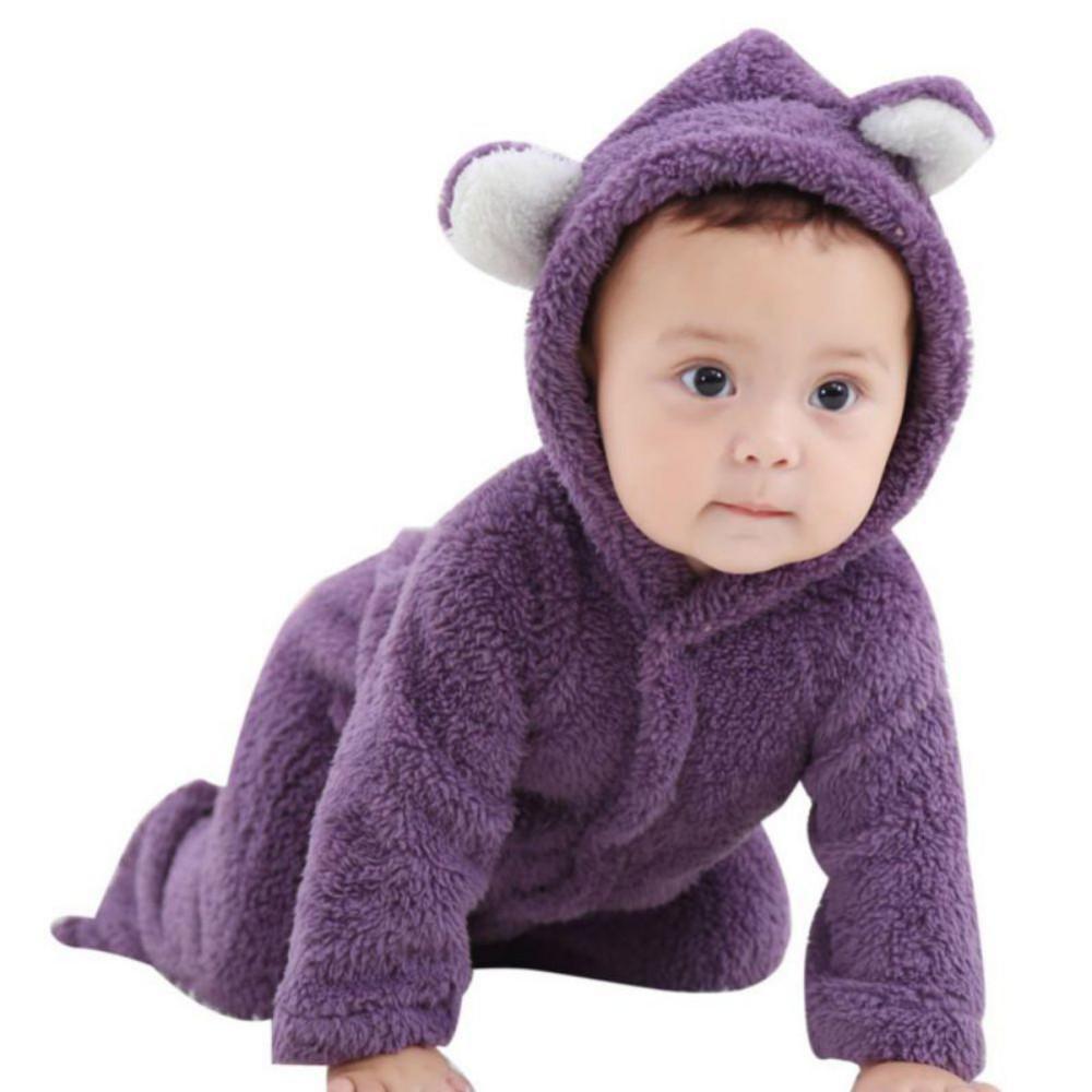 Adorable Hooded Coral Fleece Baby Romper - Long Sleeve, Warm Autumn/Winter One-Piece for Toddlers