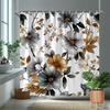 1Pc Grey And Gold Floral Patterned Shower Curtain With Hooks, Polyester Fabric, Suitable For Bathroom Dcor.