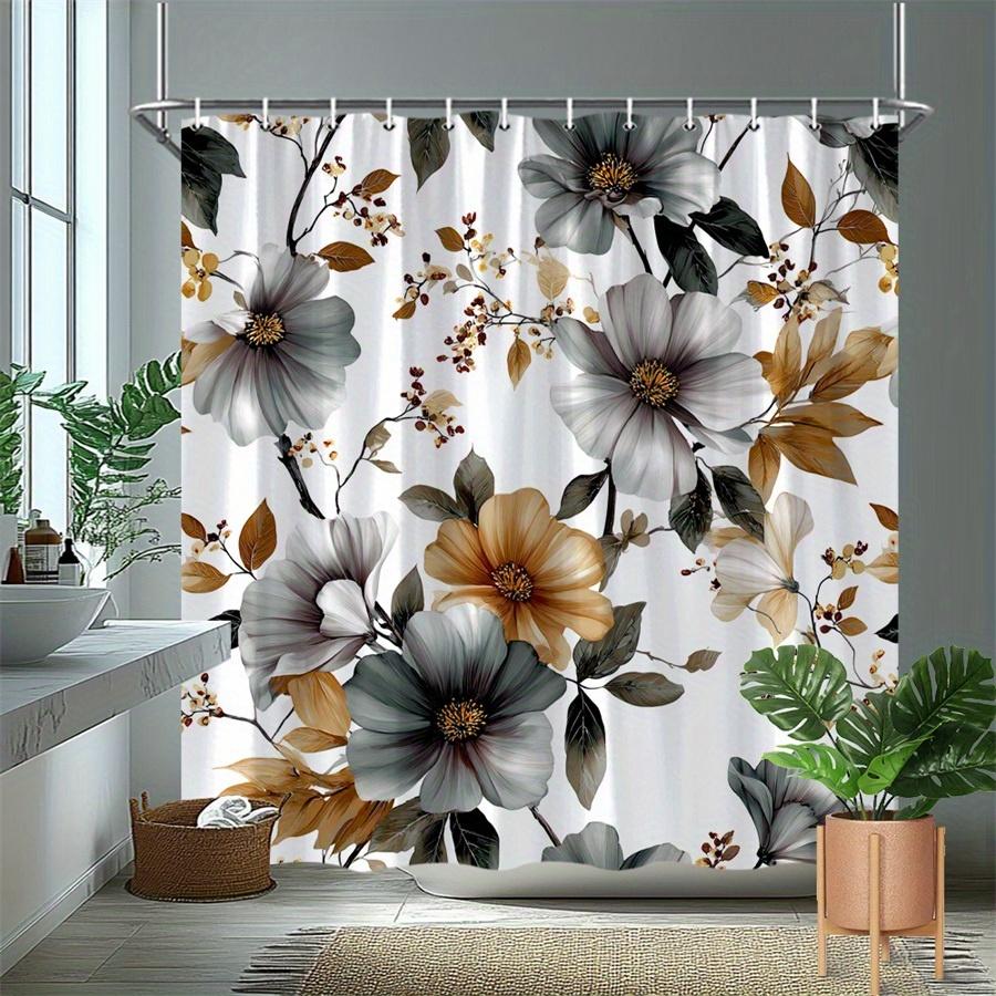 1Pc Grey And Gold Floral Patterned Shower Curtain With Hooks, Polyester Fabric, Suitable For Bathroom Dcor.