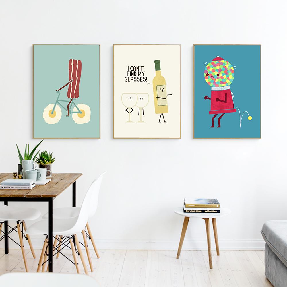Nordic Cartoon Foods Fruits Wine Wall Art Prints Canvas Funny Eggs French Fries Posters Pictures Kitchen Kid Room Cuadros Decor