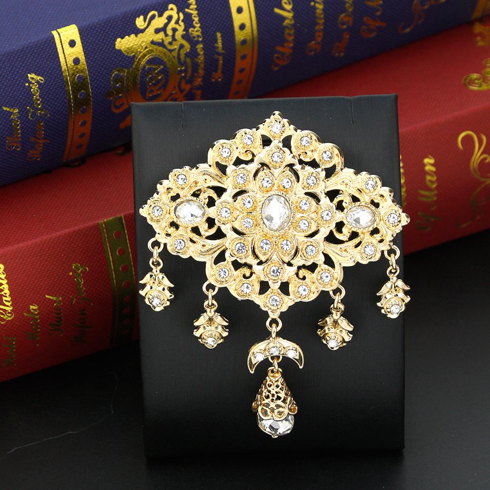 Sunspicems Elegent Crystal Women Brooch Morocco Jewelry Gold Arabic Caftan Hijab Brooch Pins Flower Bride Wedding Bijoux