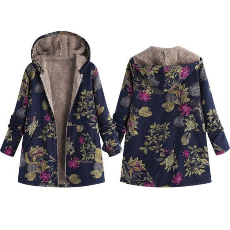 Women Fleece Lining Winter Hooded Coat Floral Leaf Print Long Sleeve