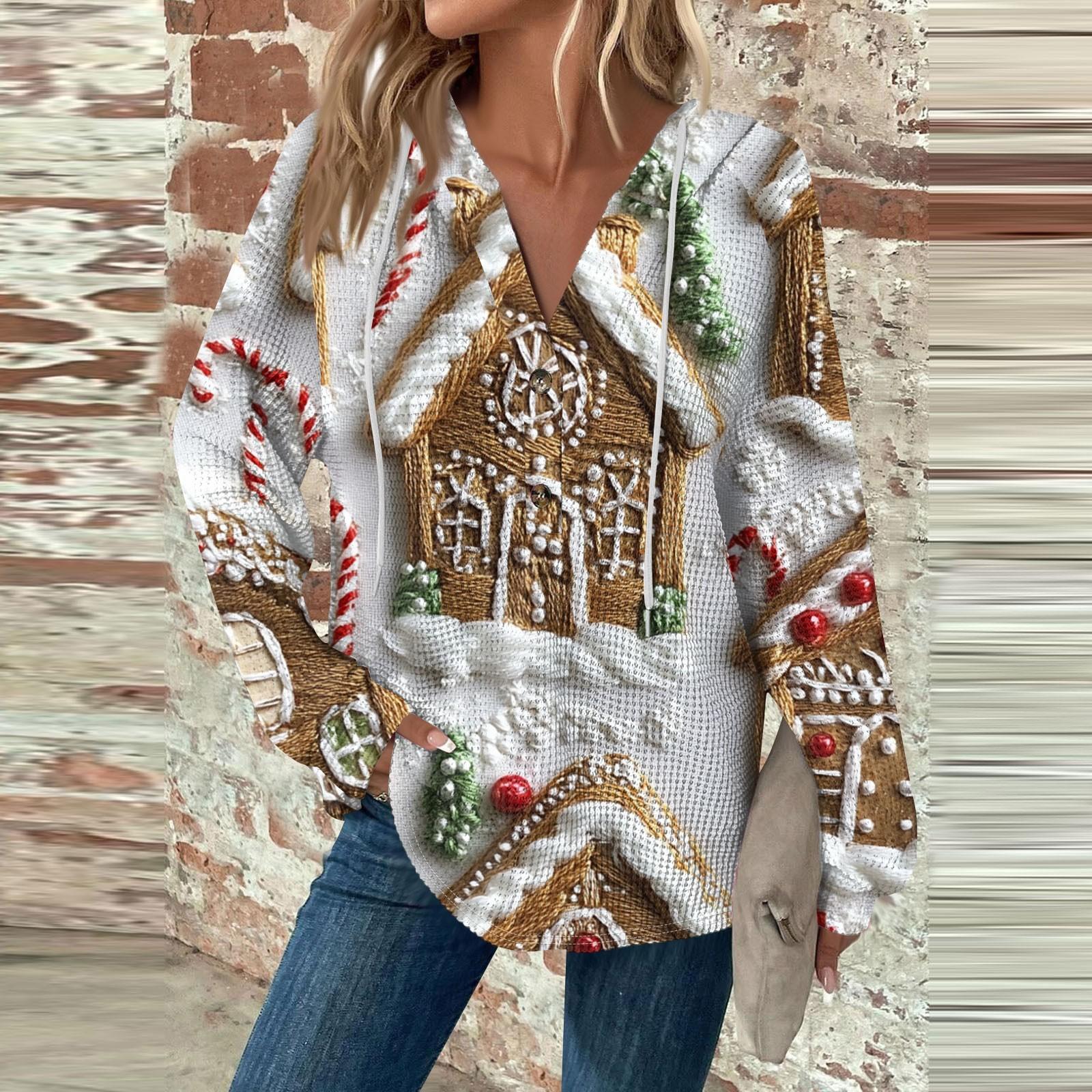 

Женская модная повседневная толстовка с длинным рукавом, завязками на пуговицы, V-образным вырезом, капюшоном и рождественским принтом L верблюд