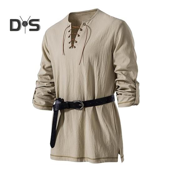 Pánské vintage šněrovací tričko s dlouhým rukávem a límečkem Henry, jarní podzimní jednobarevné tričko pro každodenní nošení, vystoupení, cosplay