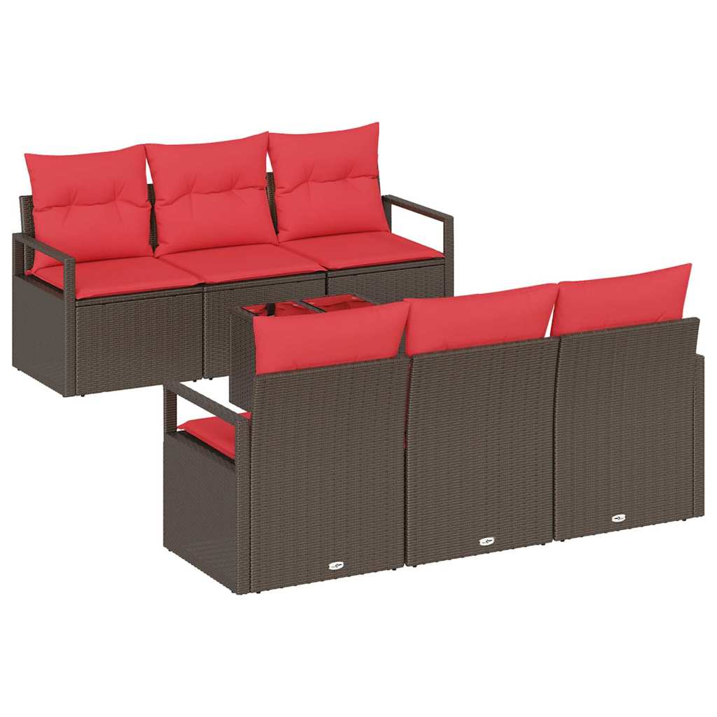 7 Piece Sofa Set with Cushions Brown and Red Poly Rattan