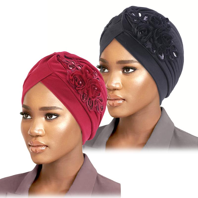 New Flower Decoration Turban Solid Color For Women Fashion Hair Wear Head Wrap Ladies Headwear Cancer Hats India Cap Bandana