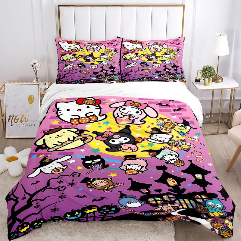 3pcs Halloween Sanrio Character Design Bedding Set 1 Soft Quilt Cover + 2 Pillowcases, Machine Washable Suitable for All Seasons, Perfect Gift W028