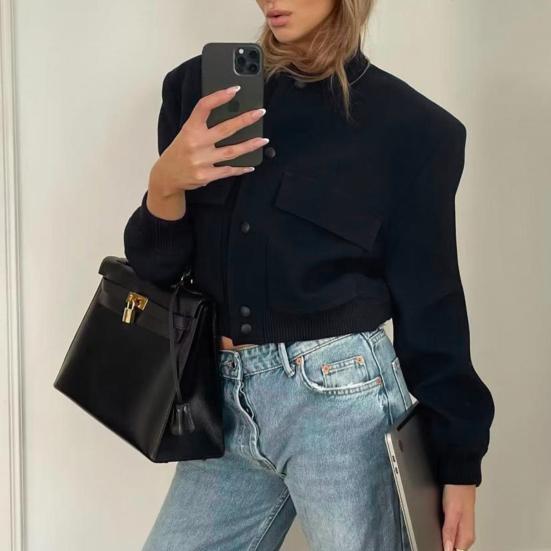 Women Casual Jacket Long Sleeves Stand Collar Solid Color Button Closure Drop Shoulder Large Pocket Short Ladies Female Bomber Cropped Coat Outwear