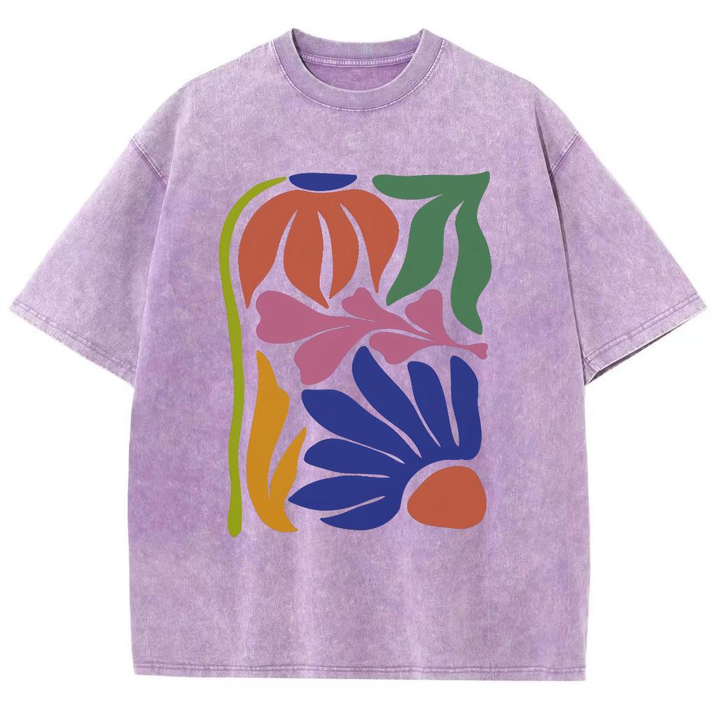 Cartoonfarben-Wasserpflanzen-Print Damen-T-Shirt Übergroßes Gewaschenes Denim Kurzarm Vintage Distressed Nischen-Top