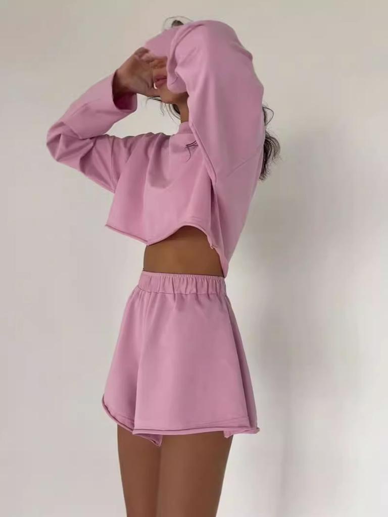 Women's Casual Loose Sports Set Long Sleeve Sweatshirt Top Shorts Two Piece Pajama Home Clothes