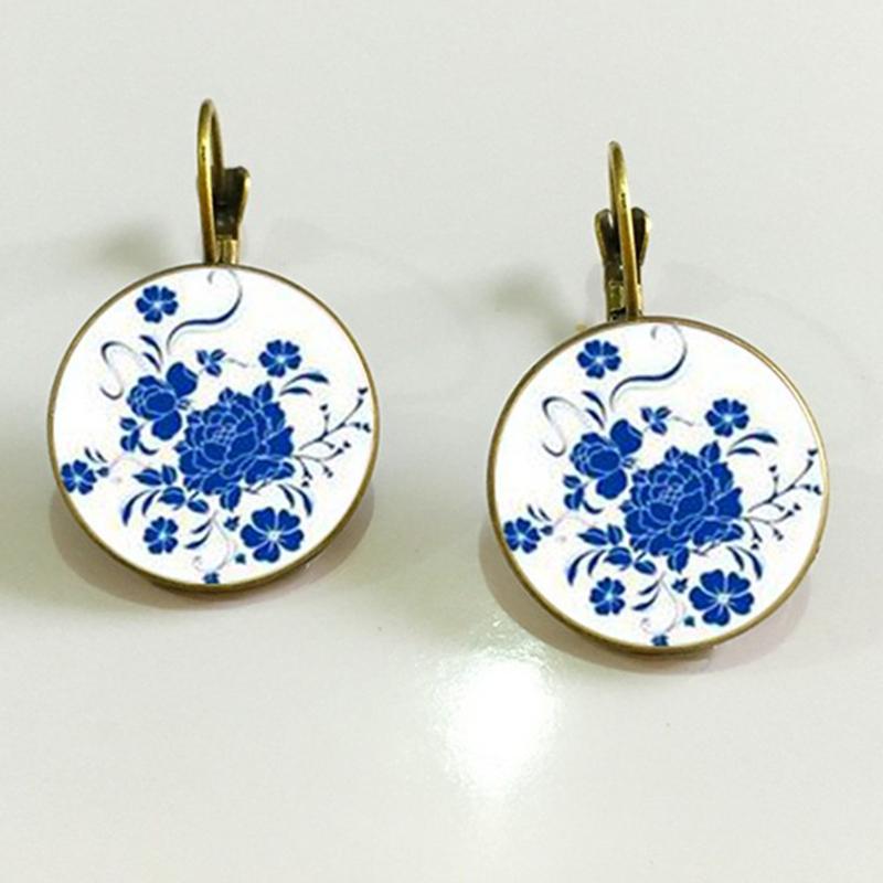 Vintage Mandala Flower Earrings Ethnic Blue And White Porcelain Glass Dome Earrings For Women