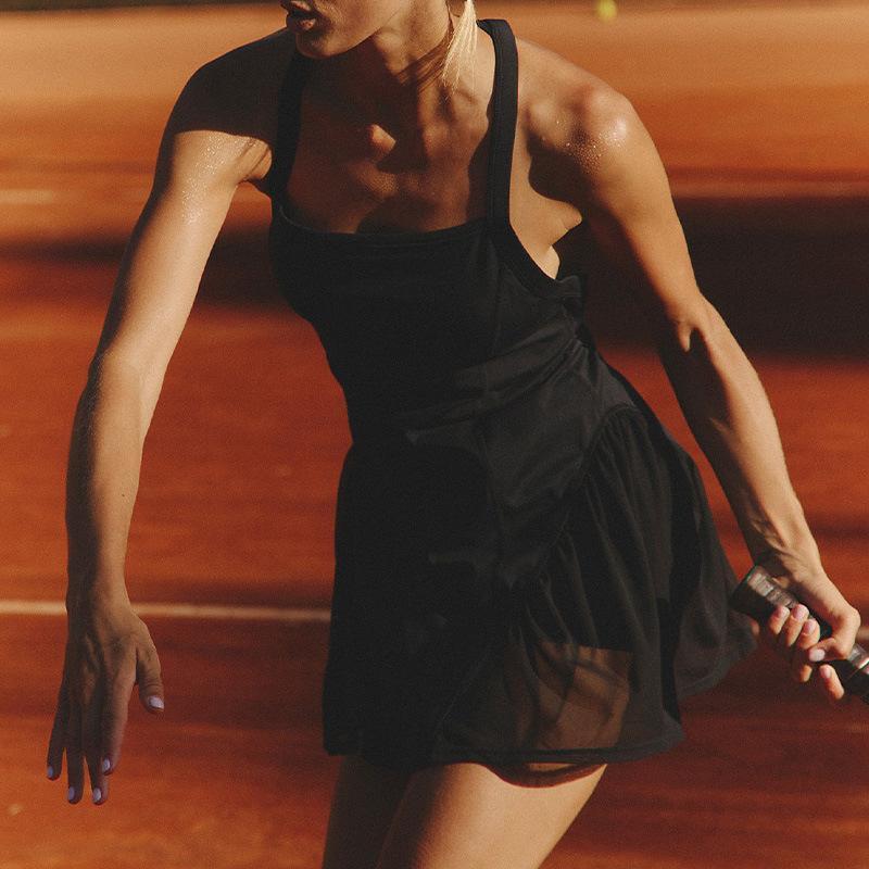 Womens Sleeveless Tennis Dress With Built-in Bra Pad Quick-Dry Sporty One-Piece Badminton Gym Workout