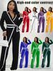 European & American Fashion Belted Patchwork Long-Sleeve Jumpsuit, Autumn/Winter Style