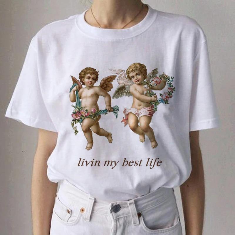 Angel Aesthetic Streetwear White Fashion Women TShirts Harajuku Short Sleeve Clothes Summer ONeck Tees Casual FeUnisex Tops