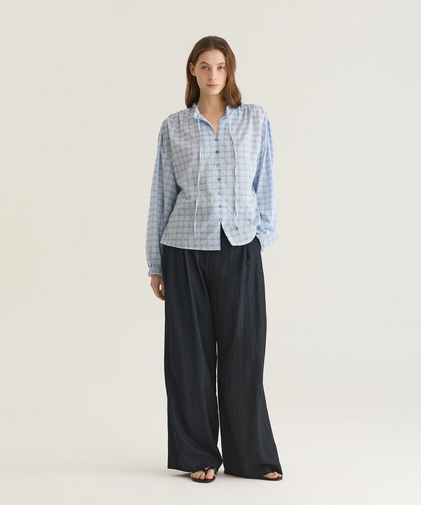 Oteumilkape Check Frill Tie Blouse - Sky Blue