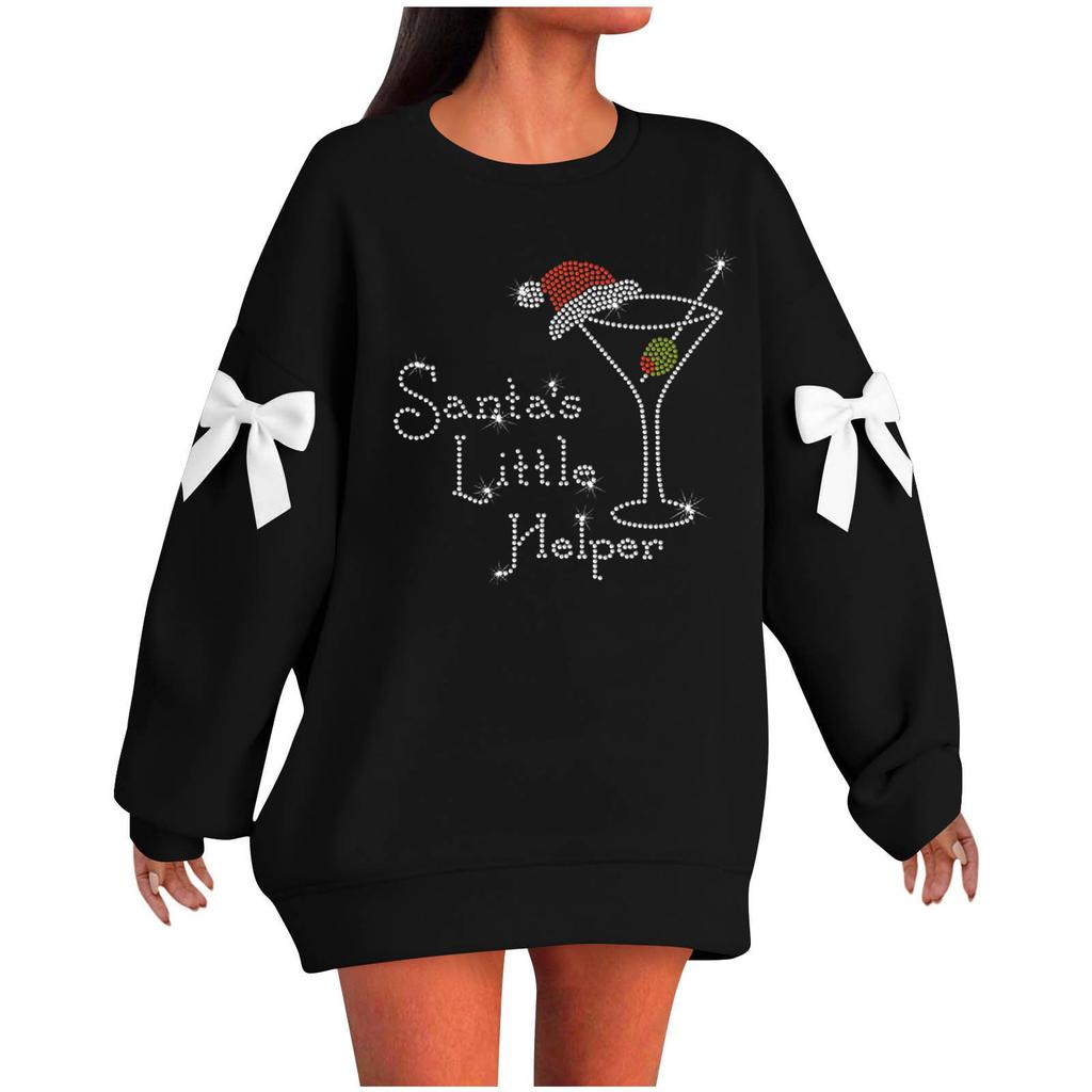 Ladies' Christmas Printed Bow Round Neck Long Sleeved Loose Pullover Sweater Sweatshirt Top