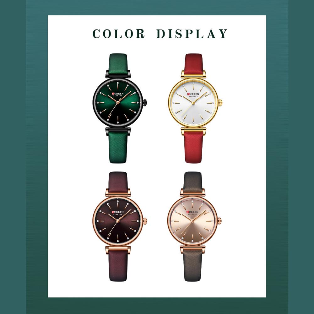 CURREN Dámské hodinky Nové TOP značkové luxusní Quartz náramkové hodinky s koženým ciferníkem s lesklými kamínky Zelené hodiny Dámské