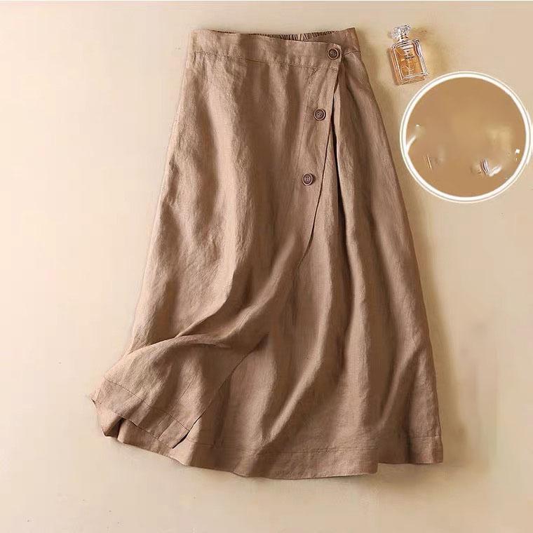 Cotton Linen Skirts Women's Chic Casual Medium Length Elegant Versatile Commuting Wear Large Swing Breath Skirt With Button