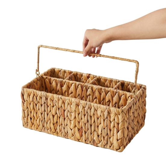 Yousheng Woven Storage Basket with Handle 4 Compartments Handcrafted Natural Utensil Organizer for Kitchen Countertop Picnic BBQ Portable Cutlery