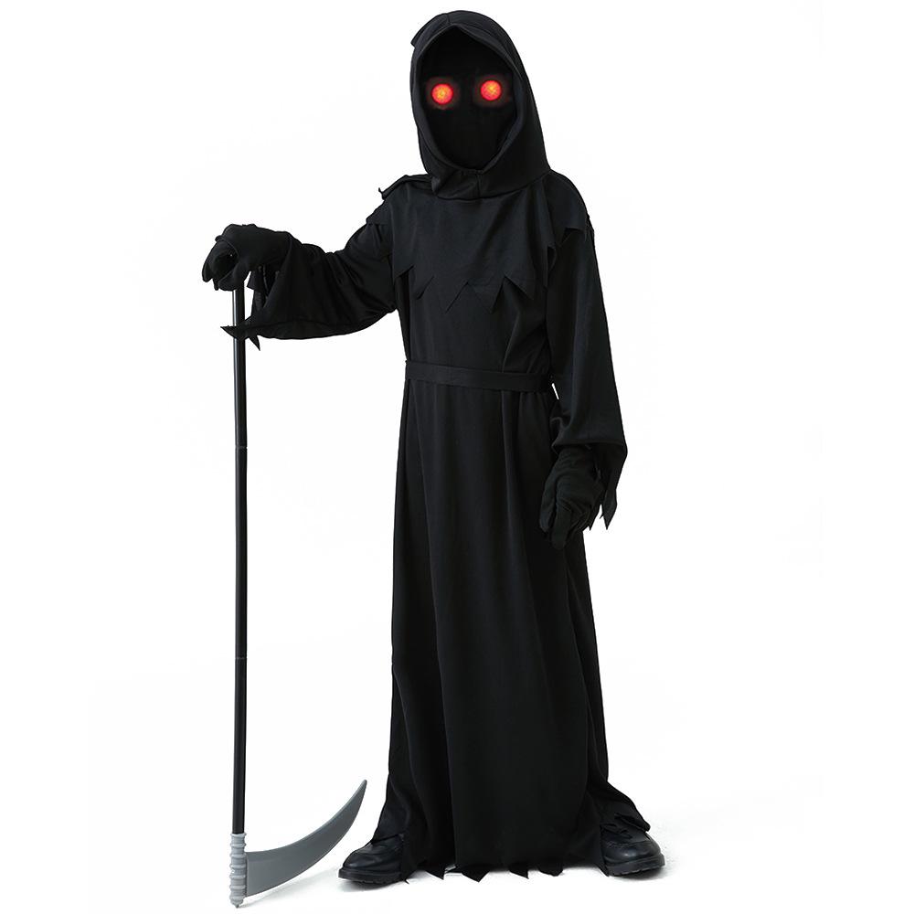Children's Halloween Grim Reaper Costume with Red Light Eyes and Scythe
