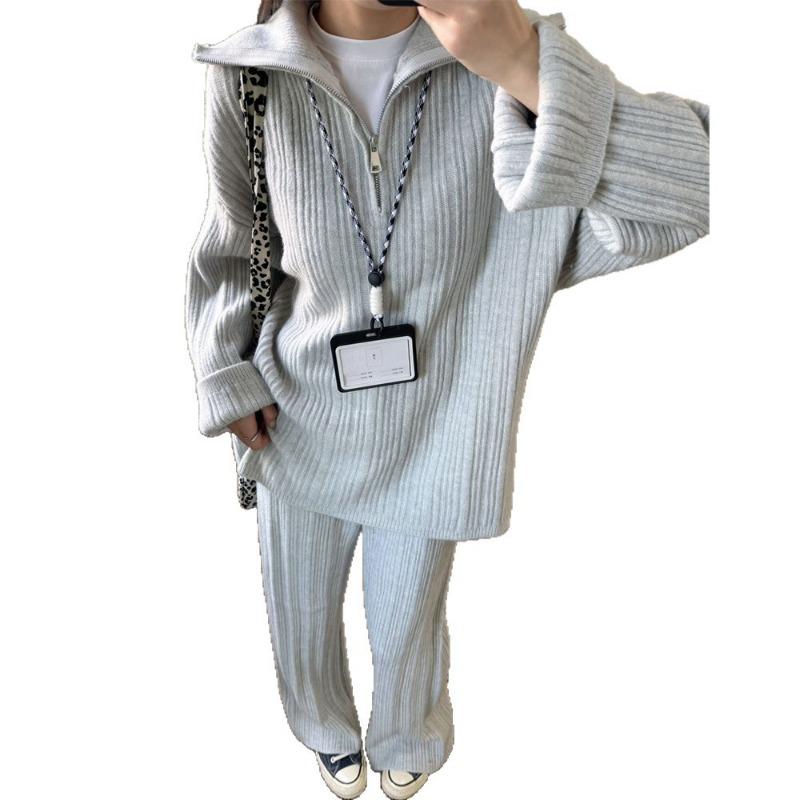 Half Zipper Polo Neck Pullover Knitted Sweater Women's New Casual Wide-leg Pants Two-piece Autumn and Winter Suit