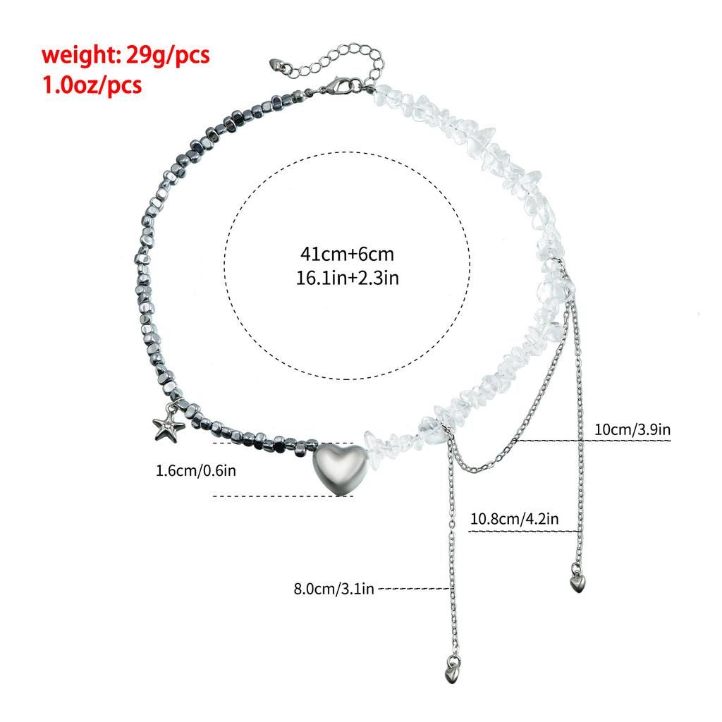 Fashionable Heart Pendant Necklace with Starfish Tassels Stylish Beaded Women Clavicle Chain Casual Outfit Accessory