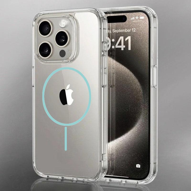 Luxury Fine For Magsafe Magnetic Wireless Charge Case for iPhone 16 15 14 Pro Max 13 12 Mini 11 16e Plus Transparent Back Cover