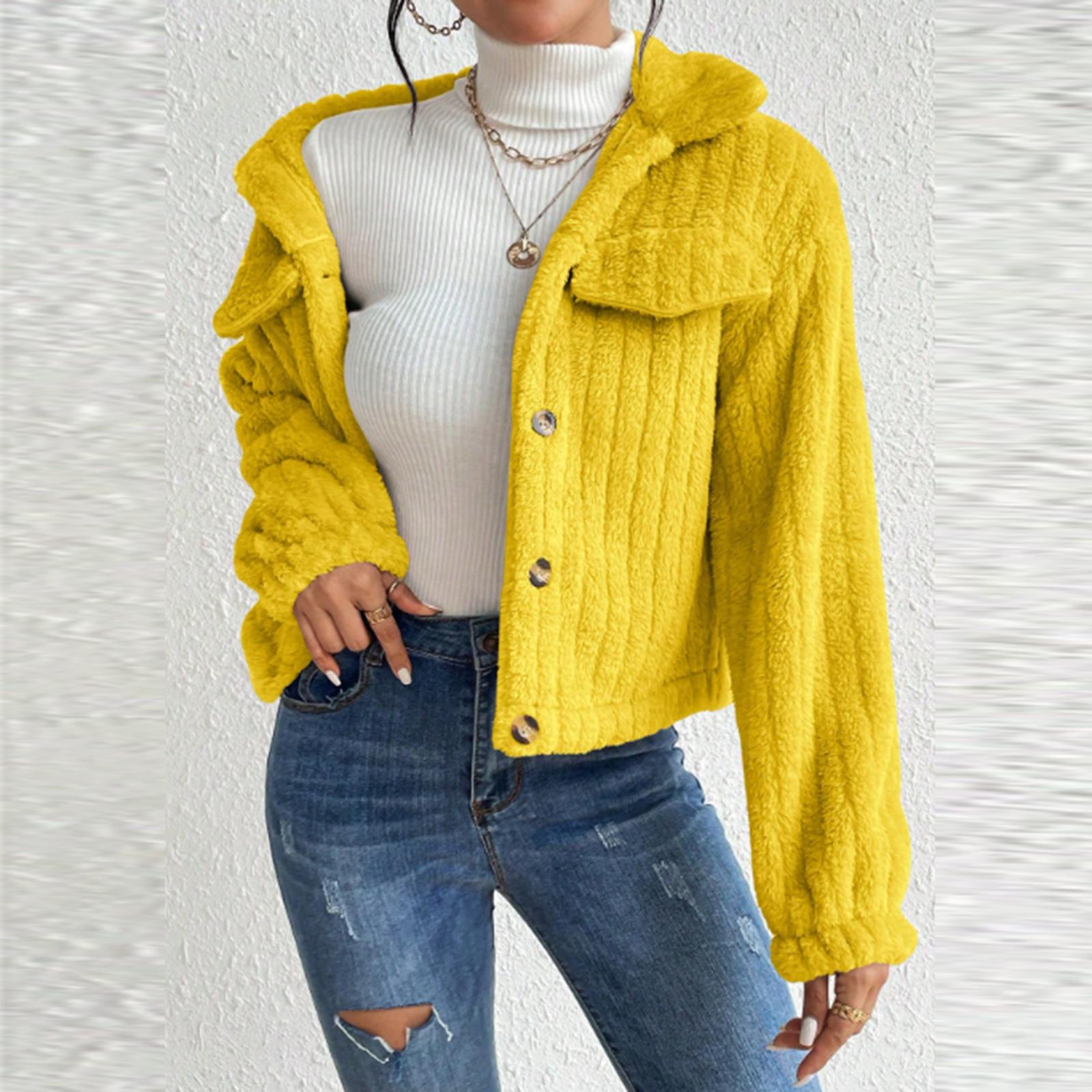

Женская повседневная модная плюшевая удобная куртка с лацканами, теплая короткая куртка XL жёлтый