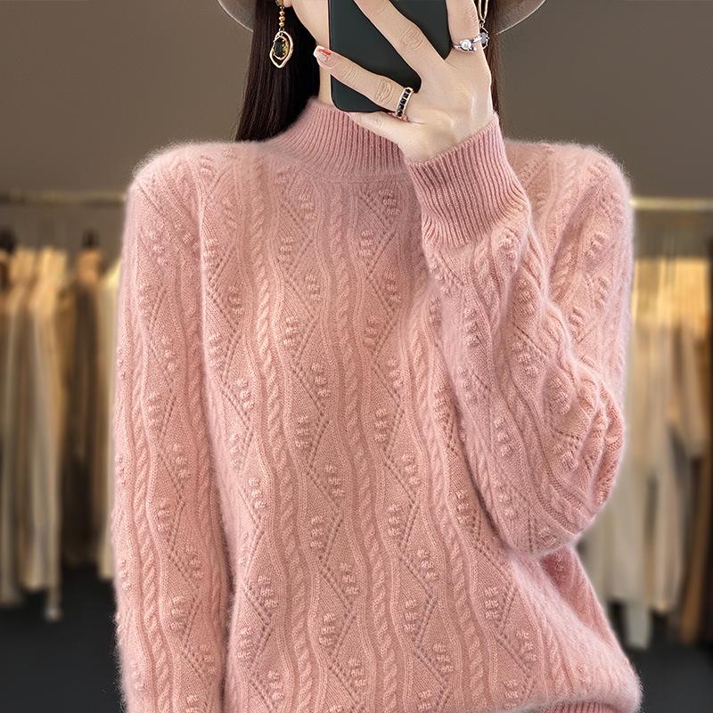 Premium Women's Thick Cable Knit Cashmere Mock Neck Sweater