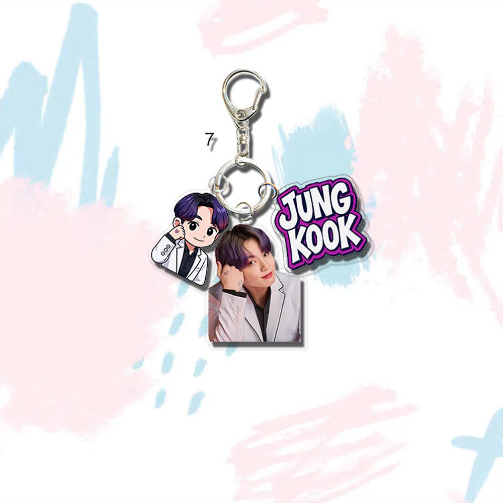 

BTS White Suit Triple-Charm Keychain, Bangtan Boys Photo, Cartoon & Colorful Name Tag Keyring, Kpop Idol Bag Pendant for ARMY Fans JUNGKOOK