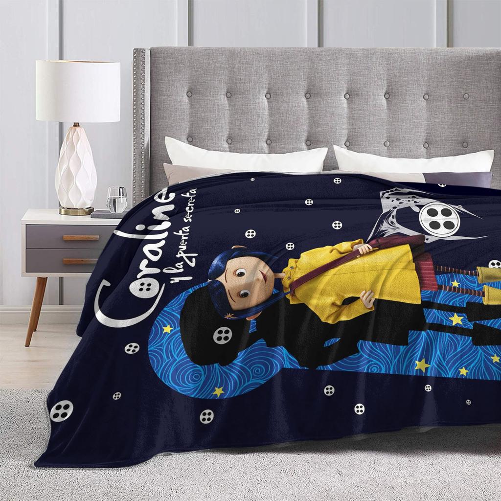 Coralines Animated Movie Blanket  Travel Flannel Throw Blanket For Living Room Warm Soft Custom DIY Quality Bedspread Gift Idea