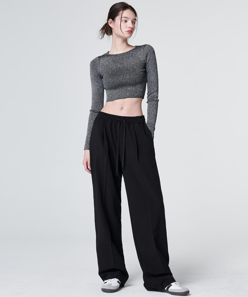 MALOUPE 2144 Summer One-Pleat Elastic Waist Wide Pants (Black)