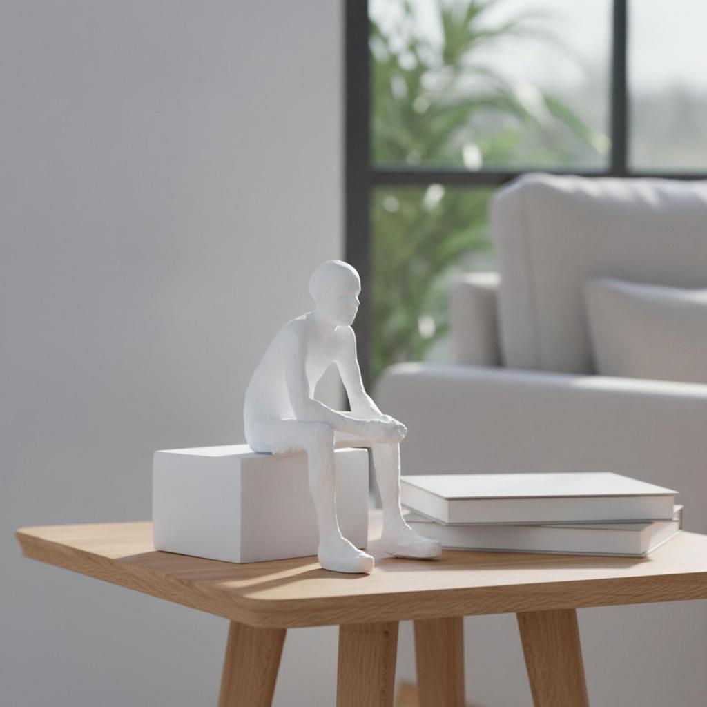 White Seated Thinker Statue Minimalist Hand-Finished Sculpture Versatile