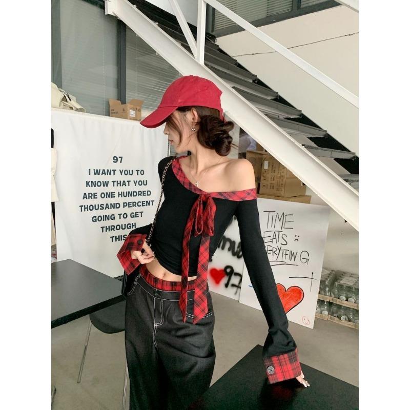 Black Off Shoulder Spliced Long Sleeve T Shirt For Women Spring And Autumn Slim Fitting Short Top